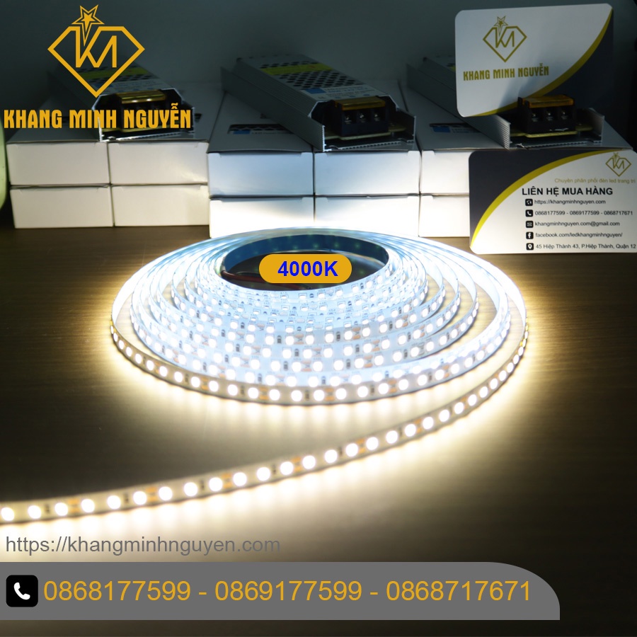 120 Led/mét Đèn LED dây 2835 12V cuộn 5m - có keo 2 mặt Ánh sáng trung tính