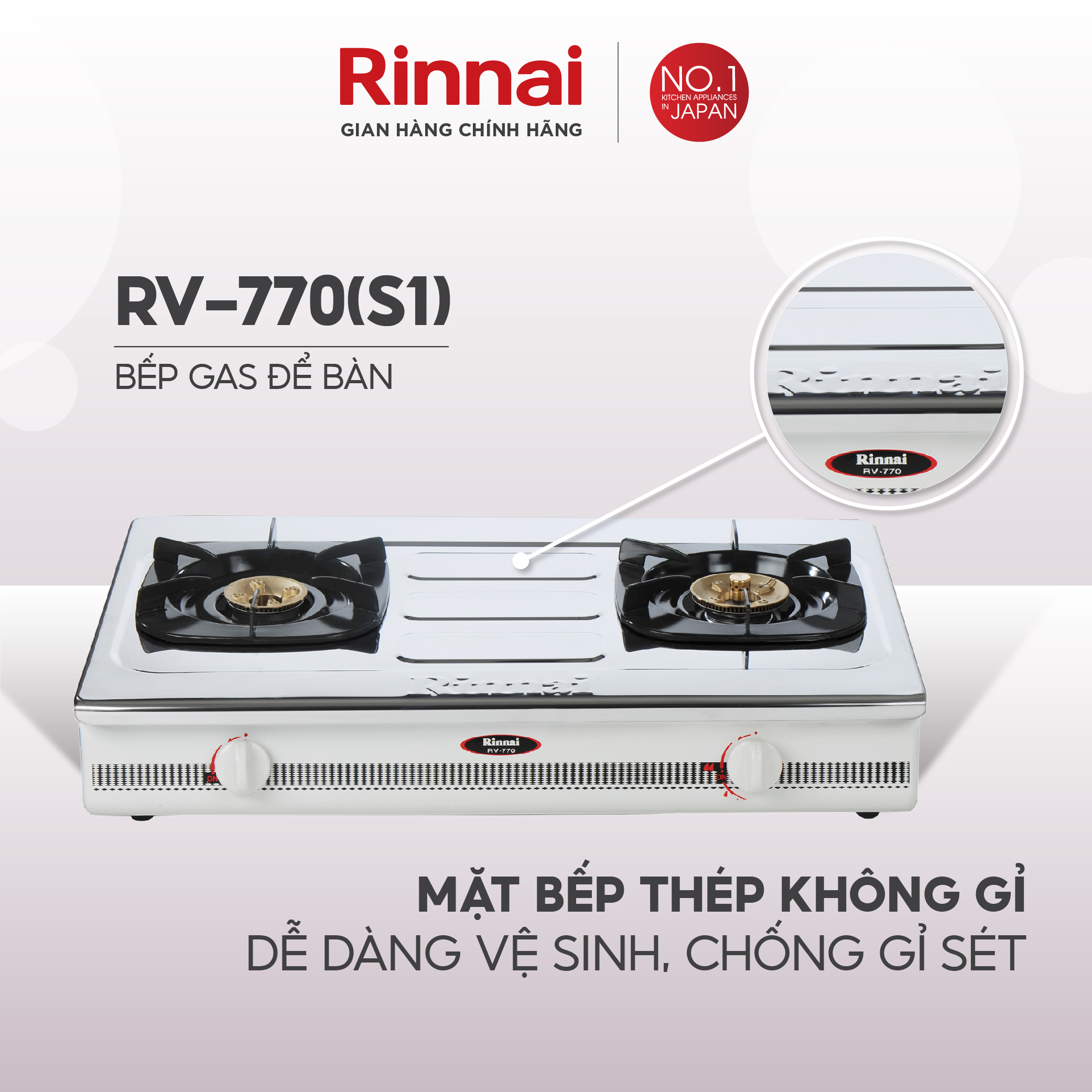 Bếp gas dương Rinnai RV-770 mặt bếp inox và kiềng bếp men - Hàng chính hãng.