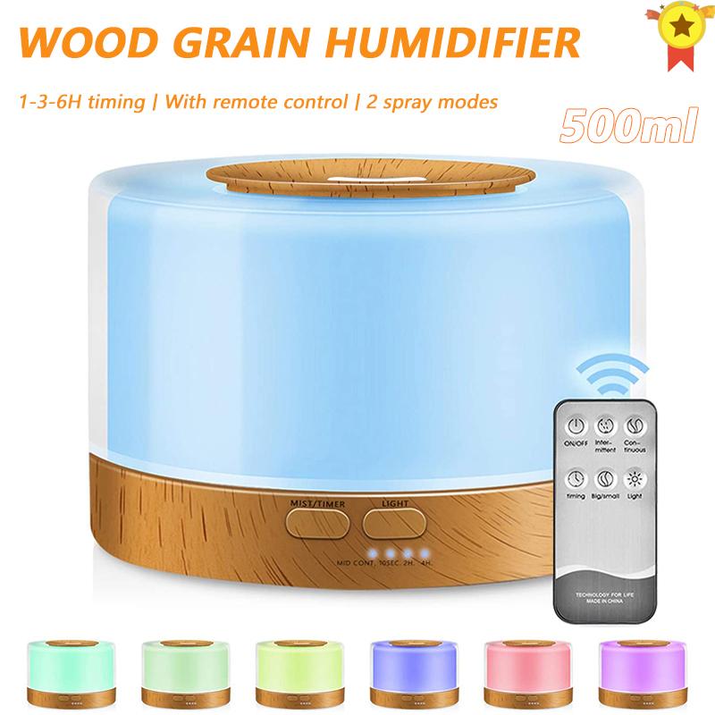 500ML Máy Tạo Độ Ẩm Không Khí Nồi Cơm Điện Từ Hương Thơm Khuếch Tán Tinh Dầu Phun Sương Vân Gỗ Xông Tinh Dầu Có Remote Điều Khiển Từ Xa 7 Đèn LED Cho Gia Đình văn Phòng