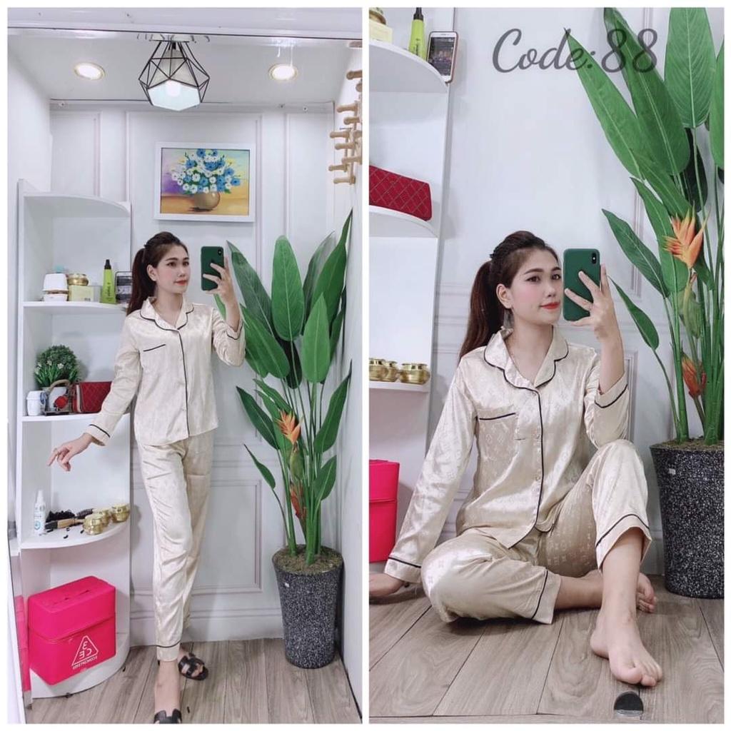 Đồ bộ pijama dài - bộ dài pyjama cao cấp, in họa tiết, vải satin mền mịn, mặc thoáng mát size 45-56kg