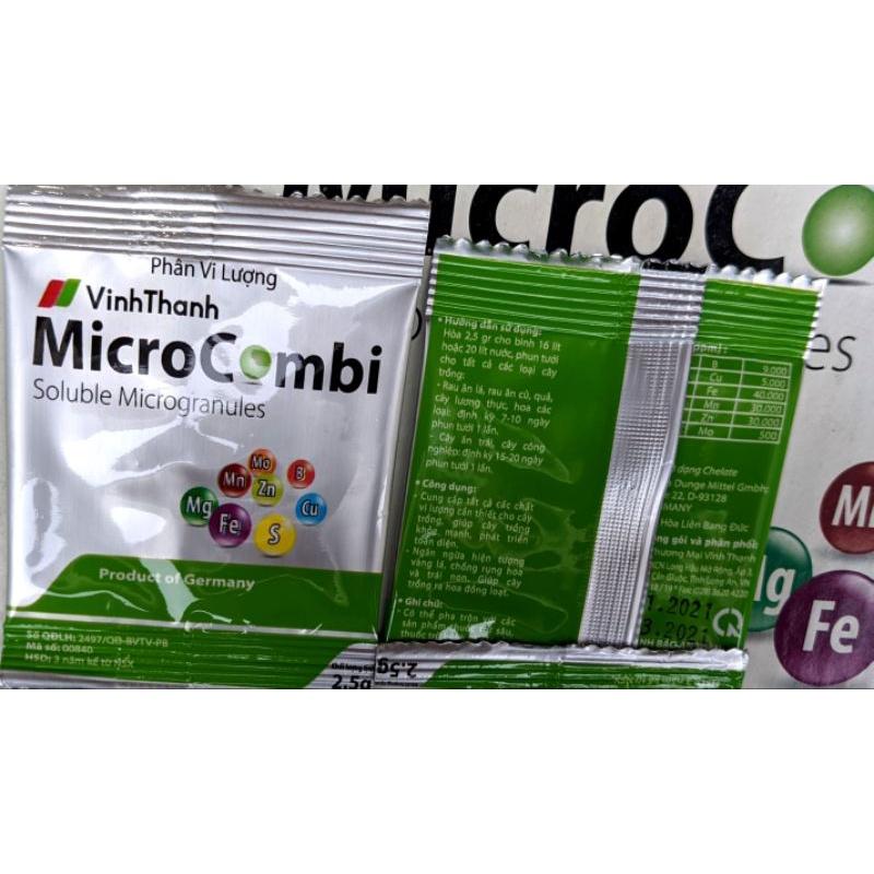 Phân bón vi lượng Micro Combi 2,5g.Bổ sung vi lượng cho cây còi cọc, vàng lá, xoăn ngọn.Giúp cây xanh lá, nở ngọn, mở lá