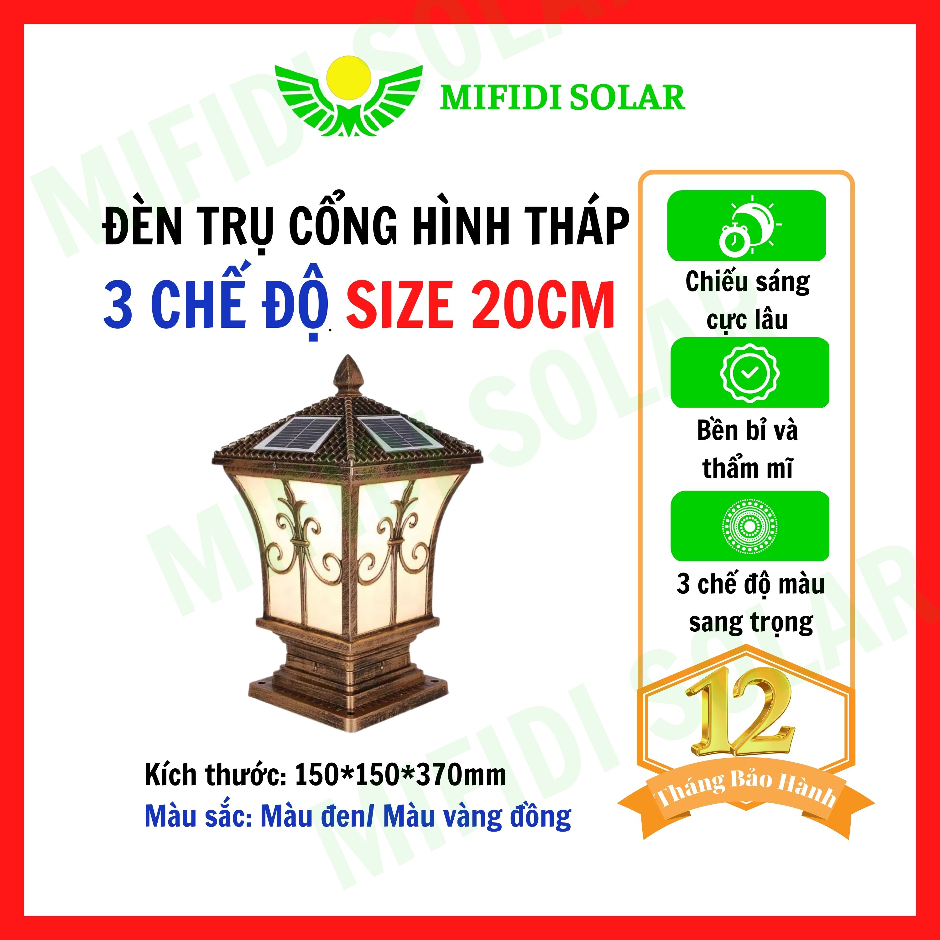 Đèn Năng Lượng Mặt Trời MIFIDI | Đèn Trụ Cổng Hình Tháp size 20cm 3 chế độ màu TC20T