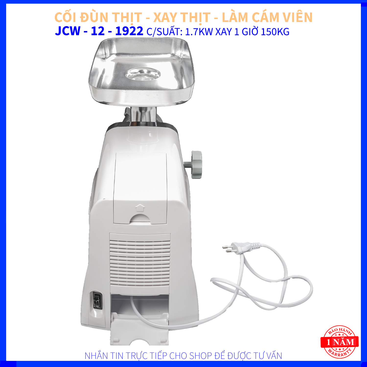 CỐI ĐÙN THỊT - XAY THỊT - JCW 12 1922 - CÔNG SUẤT 1700W - TƯƠNG ĐƯƠNG 3.0 HP - LƯỠI DAO - MẶT SÀN - BULY - THÉP KHÔNG GĨ