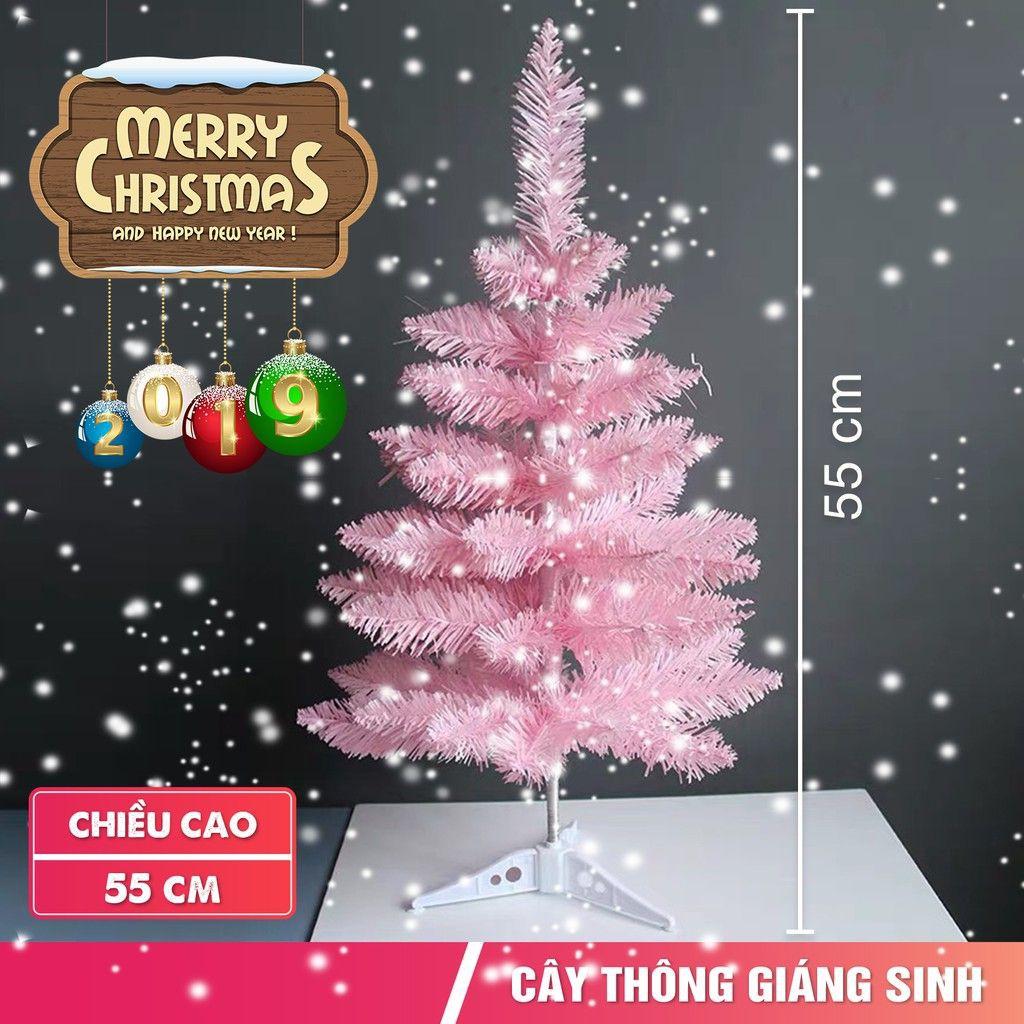 Cây thông mini cây thông để bàn cao 55cm màu hồng tặng kèm chữ Merry Christmas và thiệp