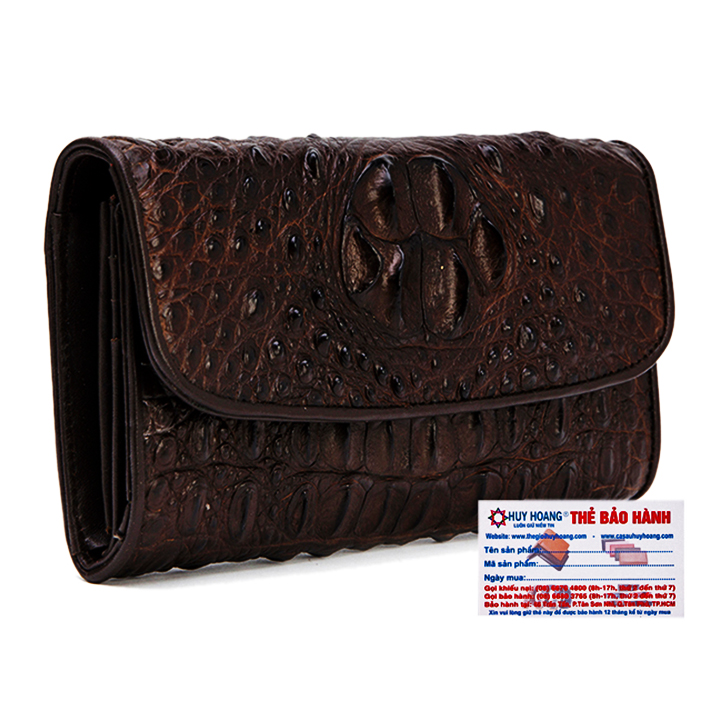 Bóp nữ da cá sấu Huy Hoàng 3 gấp nguyên con màu vàng bò, đen, nâu đỏ, nâu đất HT3204-05-06-19