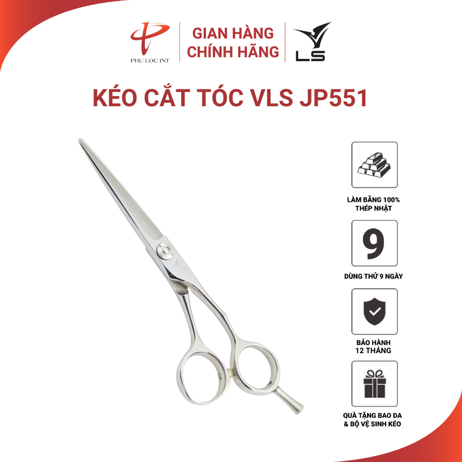 Kéo cắt tóc VLS JP551 lưỡi convex thẳng quai offset vênh đỡ ngón tháo rời - Hàng chính hãng