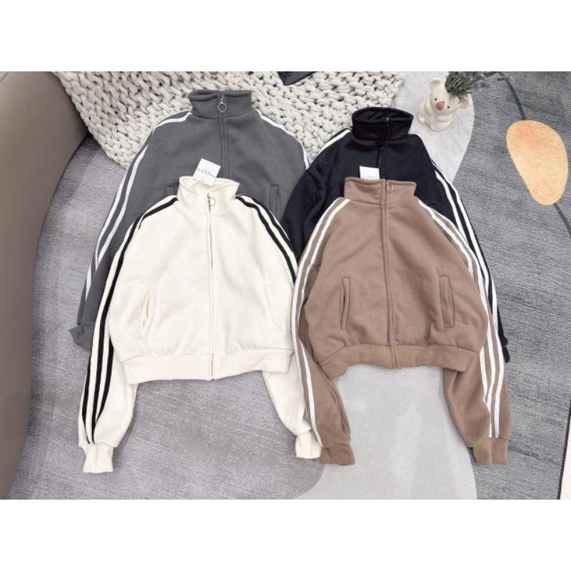 Áo khoác Bomber nỉ sọc viền tay dáng ngắn