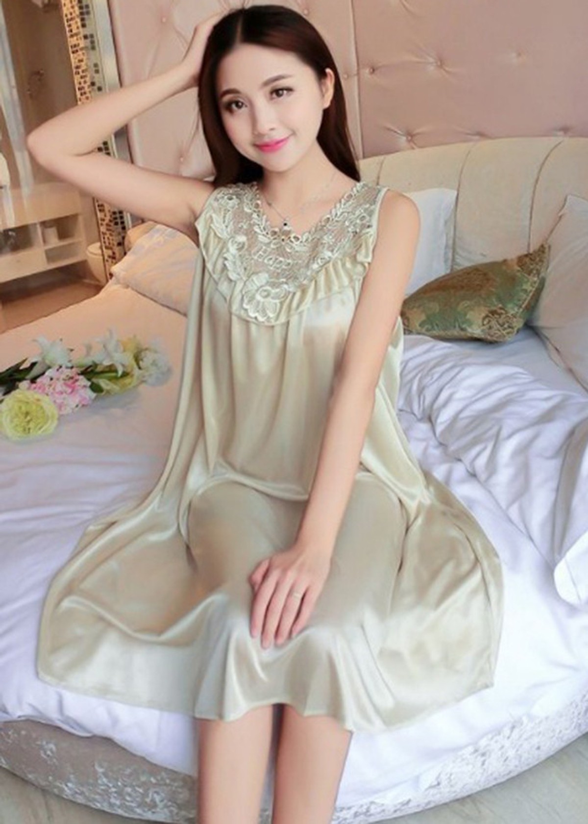 Đầm ngủ nữ cao cấp dáng suông rộng không tay cổ viền ren dành cho mọi vóc dáng