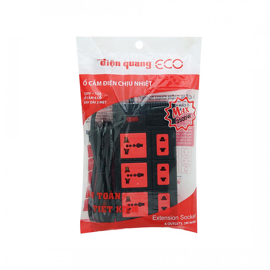 Ổ cắm 6 lỗ Điện Quang ECO ESK 5BR 6ECO dây dài 5m, mạch ngắt điện an toàn - Hoa Sen Home - Hàng chính hãng
