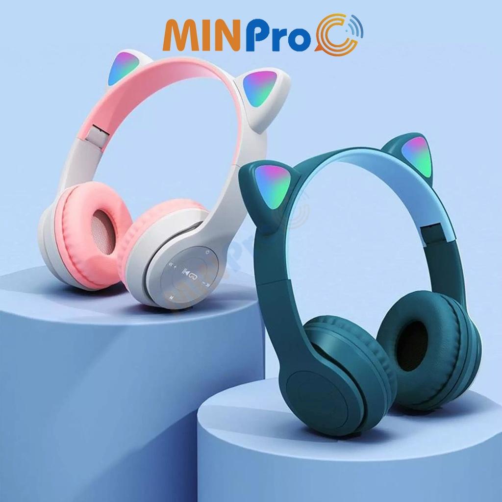 Tai nghe chụp tai mèo bluetooth 5.0 cute, Headphone tai mèo 7 màu led phát sáng không dây có mic - MINPRO