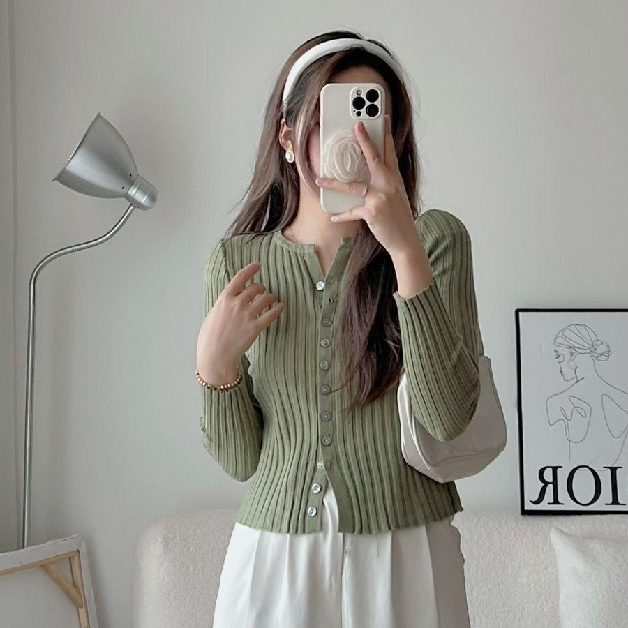 Áo len gân đũa tay dài nữ cài cúc dáng ôm co giãn dày dặn mềm mịn, Cardigan len dệt kim kiểu maxi sang chảnh trẻ trung