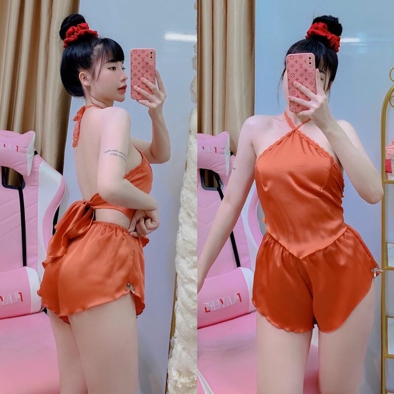 Đồ Ngủ Nữ, Đồ Ngủ Sexy Lụa 2 Dây yếm phối ren, Freesize 40_58kg, tuỳ chiều cao