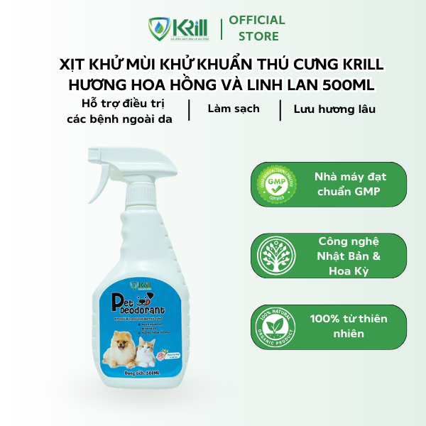 Xịt khử mùi khử khuẩn thú cưng KRILL hương Hoa Hồng và Linh Lan 500ml hỗ trợ điều trị các bệnh ngoài da, làm sạch, lưu hương lâu