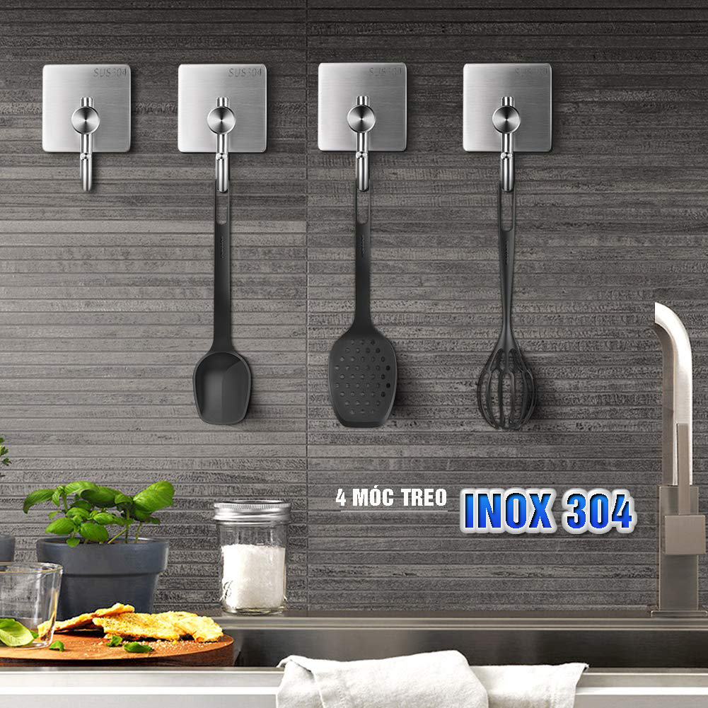 Combo 4 móc treo loại D, Inox 304, SUS304 dùng miếng dính dán tường không cần khoan, xắp xếp treo đồ đạc gọn gàng, tiết kiệm không gian, đồ dùng gia đình, bếp, phòng khách Dan House 311-D4