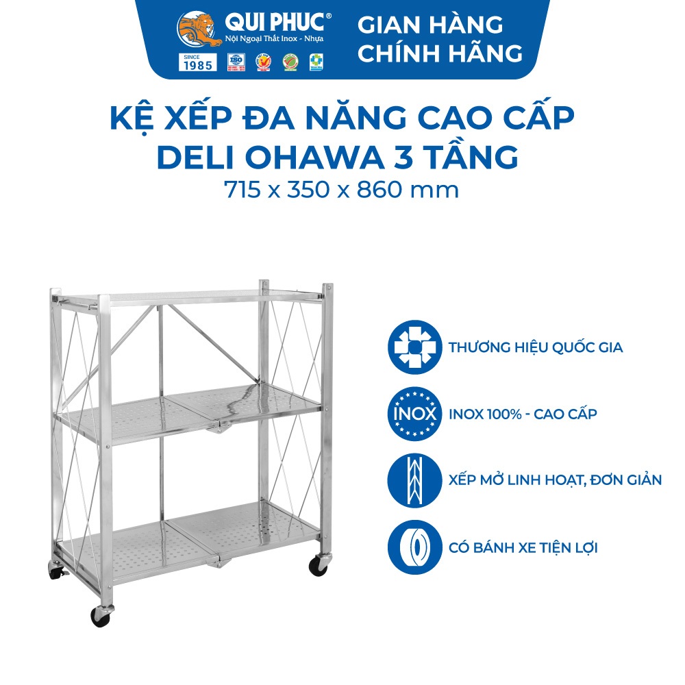 [Chính hãng Qui Phúc] Kệ xếp inox đa năng cao cấp OHAWA 3 tầng, có bánh xe di chuyển tiện lợi