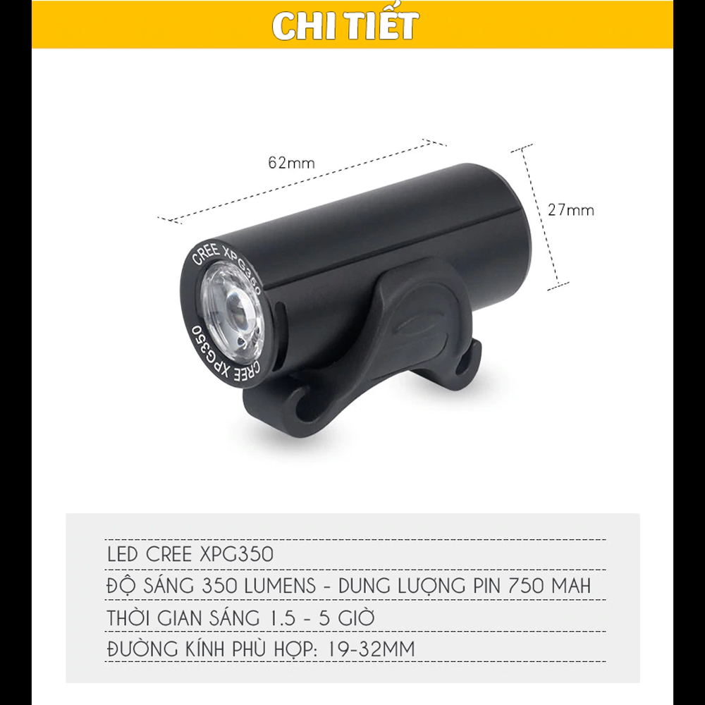 Đèn Trước Xe Đạp Nhỏ Gọn Sáng Mạnh 350 Lumens Sạc Điện USB Với Bóng Led Cree Giúp Trợ Sáng Xe Đạp Đi Đêm Mai Lee