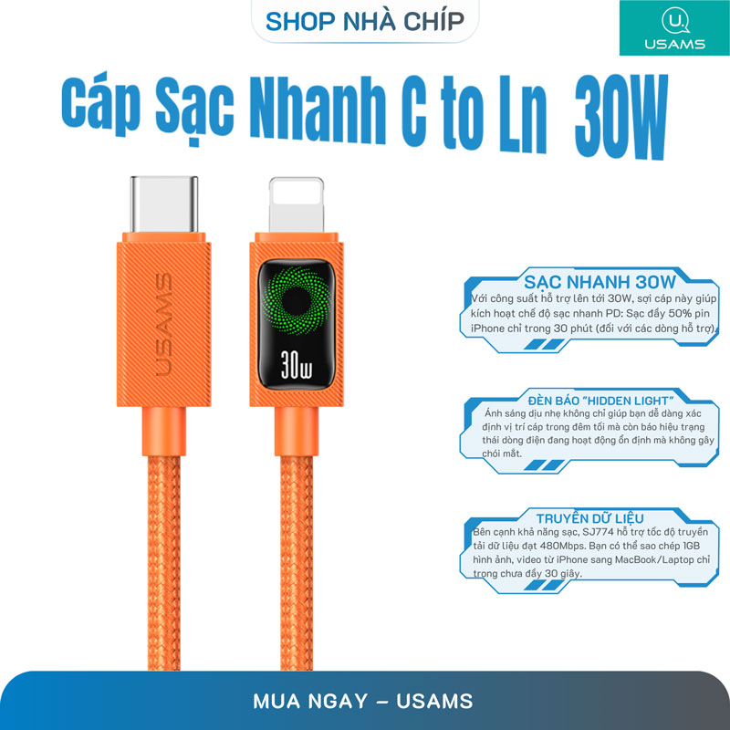 Cáp Sạc Nhanh C to Ln USAMS SJ774 U92 30W dài1.2M - Hàng Chính Hãng
