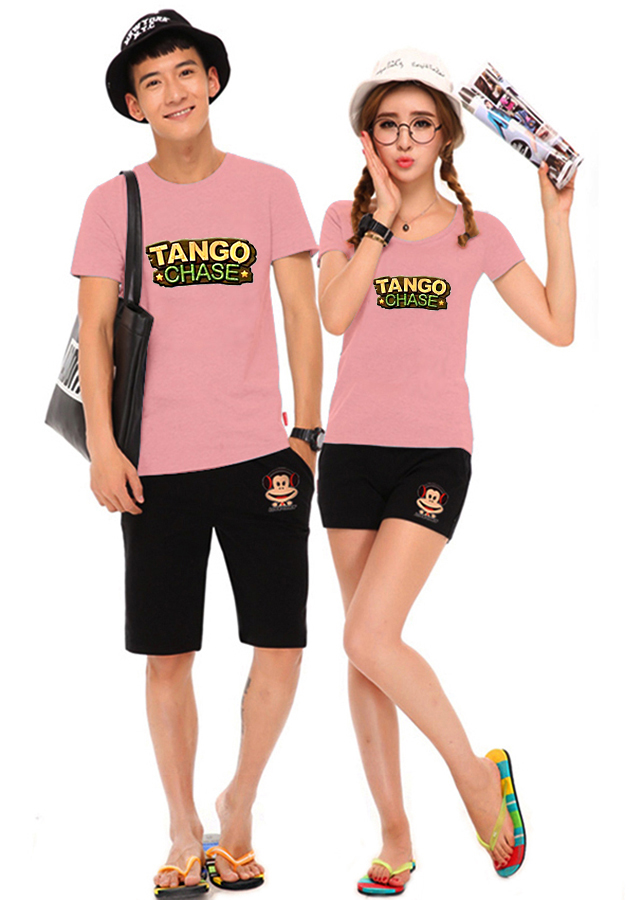 Bộ Áo Thun Đôi Nam Nữ Tango Màu Hồng Ruốc