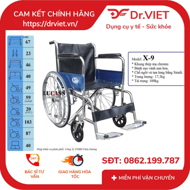 Xe lăn tay LUCASS X-9 (Tiêu chuẩn) CHÍNH HÃNG giá rẻ- Xe lăn tay dùng cho người già, người bị bệnh, người khuyết tật đi lại khó khăn