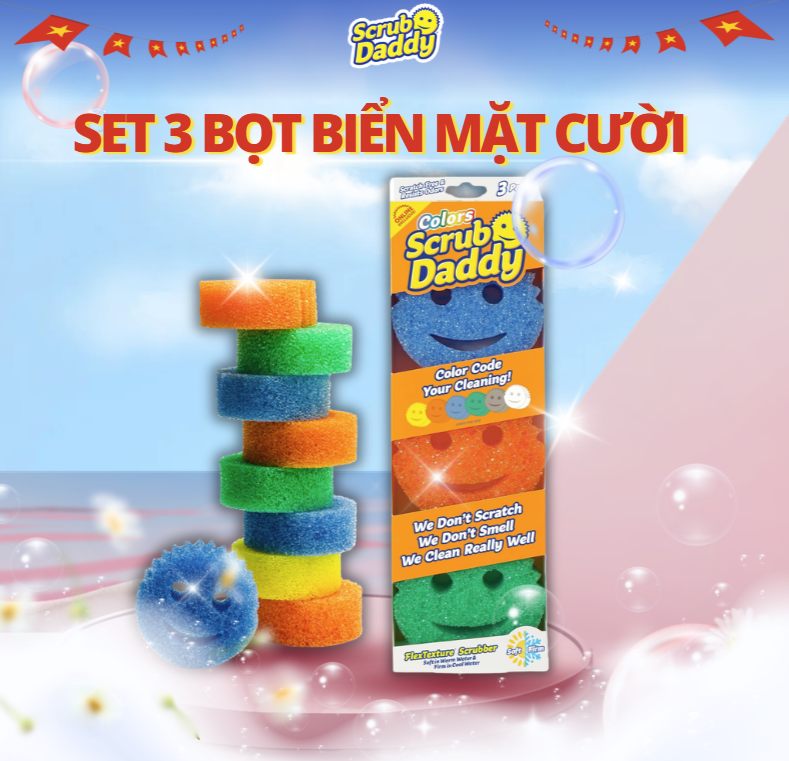 Set 3 Bọt biển Scrub Daddy chính hãng Mỹ, miếng xốp lau chùi đa năng - an toàn - chống mùi - ngăn nắp