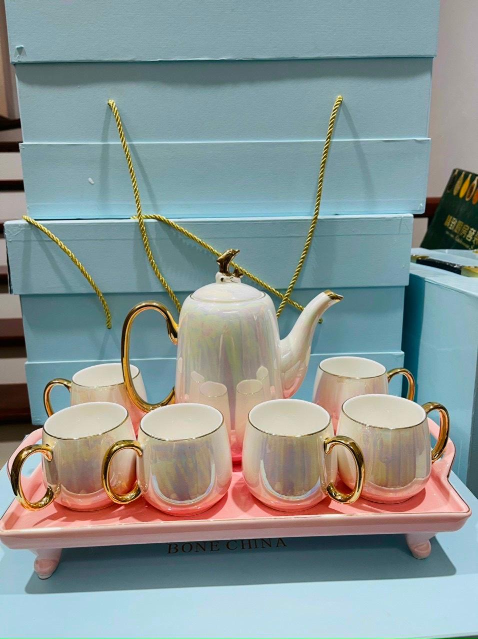 Bộ ấm chén pha trà men sứ ánh trai cao cấp - trắng