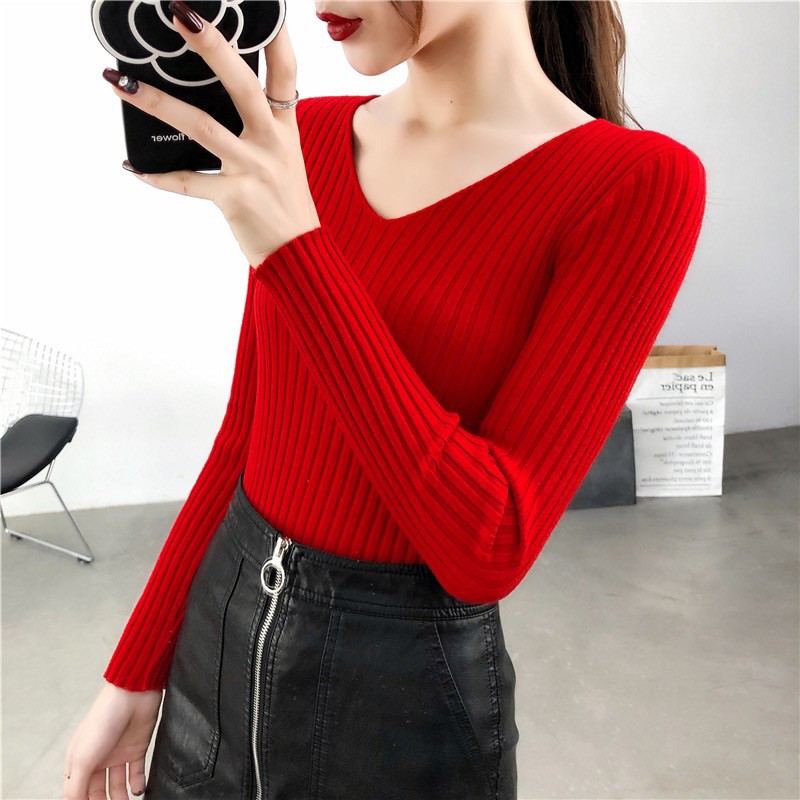 Áo len dài tay nữ tăm to Quảng Châu cổ tim AL100