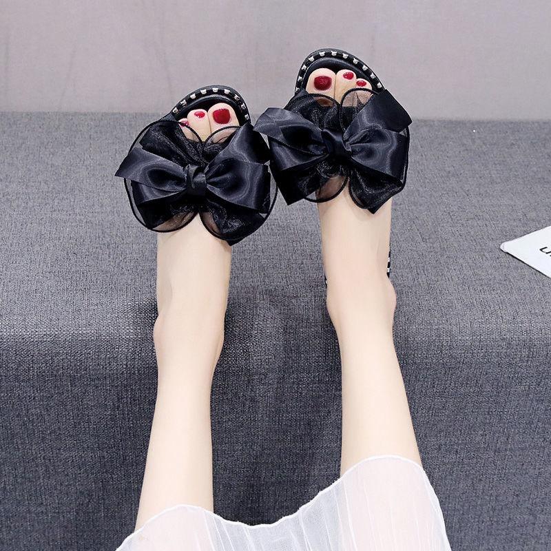 Slippers women wear 2022 summer new Korean version of students' bow tie one-word slippers flat-soled sandals