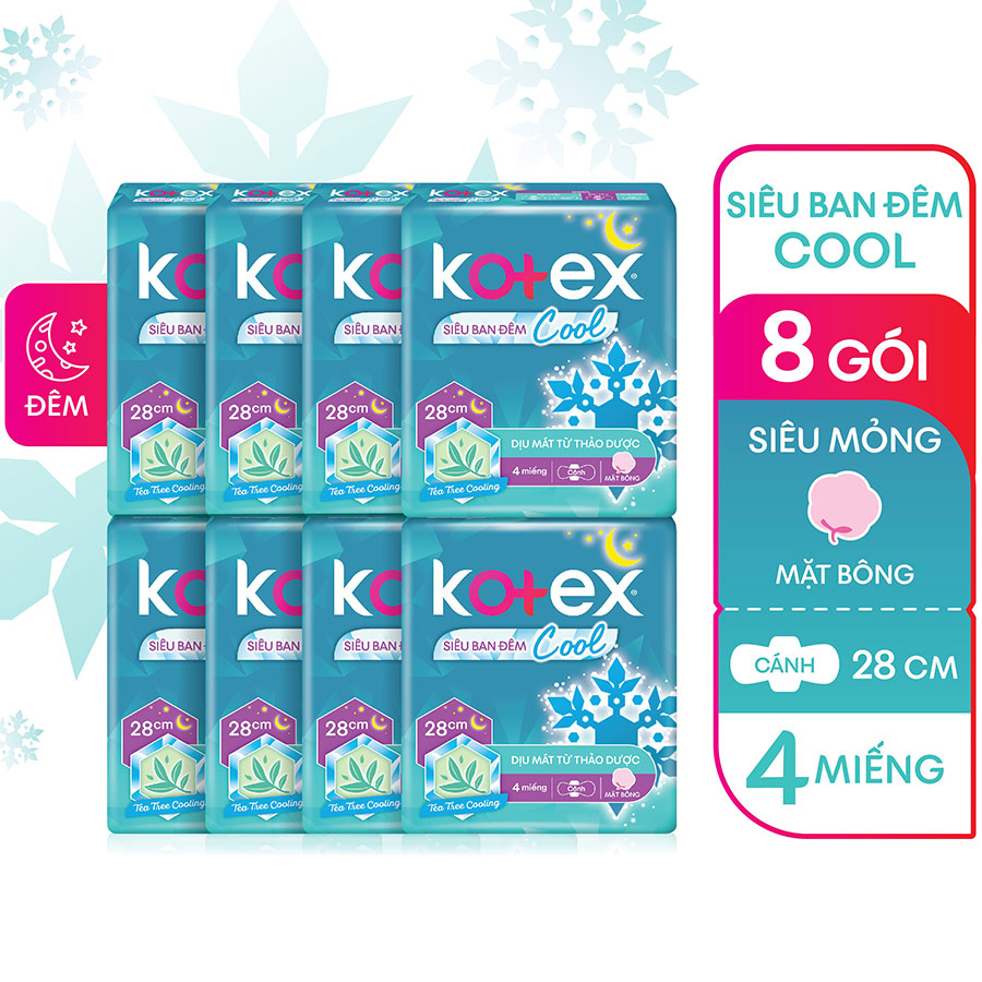 Combo 8 Băng Vệ Sinh Kotex Siêu Ban đêm Cool 28cm 4 miếng