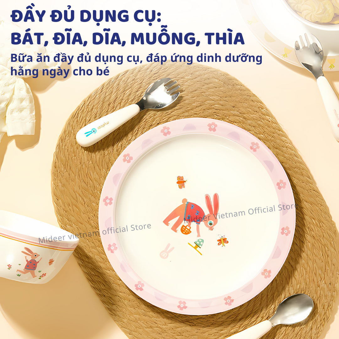 Bộ bát ăn dặm cho bé, chén sứ ăn dặm cho bé kèm thìa dĩa Mideer Kids Tableware