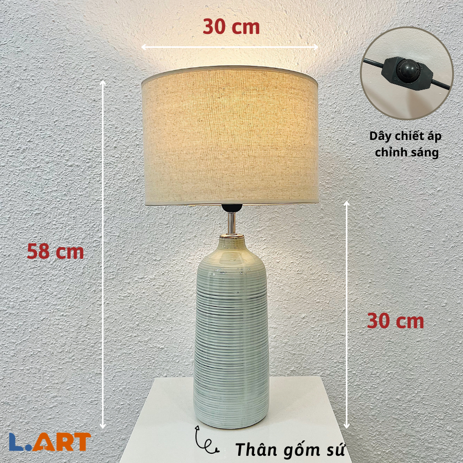 Đèn ngủ để bàn trang trí phòng khách gốm sứ màu xanh ngọc vân cổ điển cao 58 cm DS-TL9866