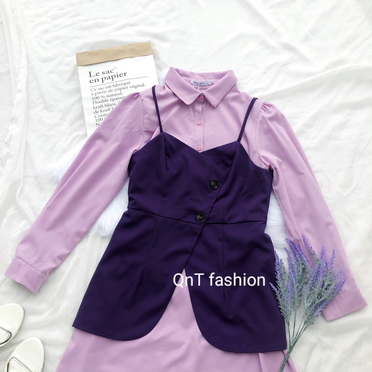 Đầm Công Sở thiết kế-Sét Váy Sơ Mi Kết Hợp Áo 2 Dây Vạt Chéo Cài Cúc Đi Làm Hay Đi Chơi Cực Xinh Và Thu Hút