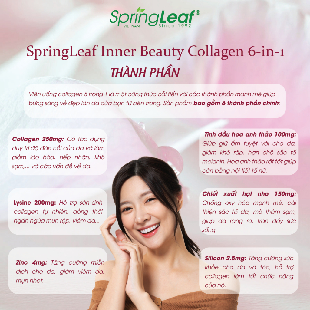 Viên uống Collagen 6 in 1 SpringLeaf làm đẹp da, sáng da, mờ vết thâm, chắc khỏe tóc, chống oxy hóa 60/90/180 viên