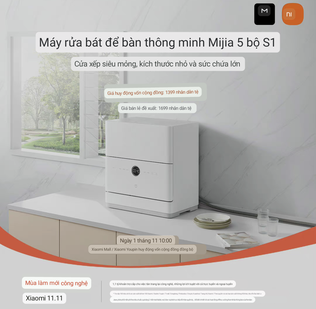 Máy Rửa Bát Xiaomi Mijia S2 5 Bộ – Khử Trùng 99,9%, Tiêu Thụ Nước Ít Hơn 85% Rửa Tay Kết Nối App Xiaomi - Hàng Nhập Khẩu