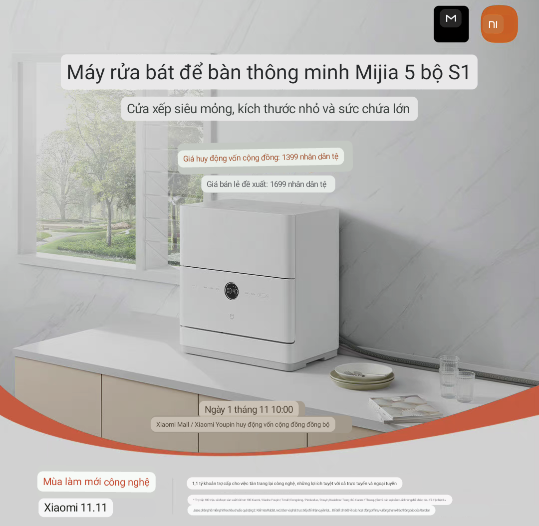 Máy Rửa Bát Xiaomi Mijia S1 5 Bộ – Khử Trùng 99,9%, Tiêu Thụ Nước Ít Hơn 85% Rửa Tay Kết Nối App Xiaomi - Hàng Nhập Khẩu