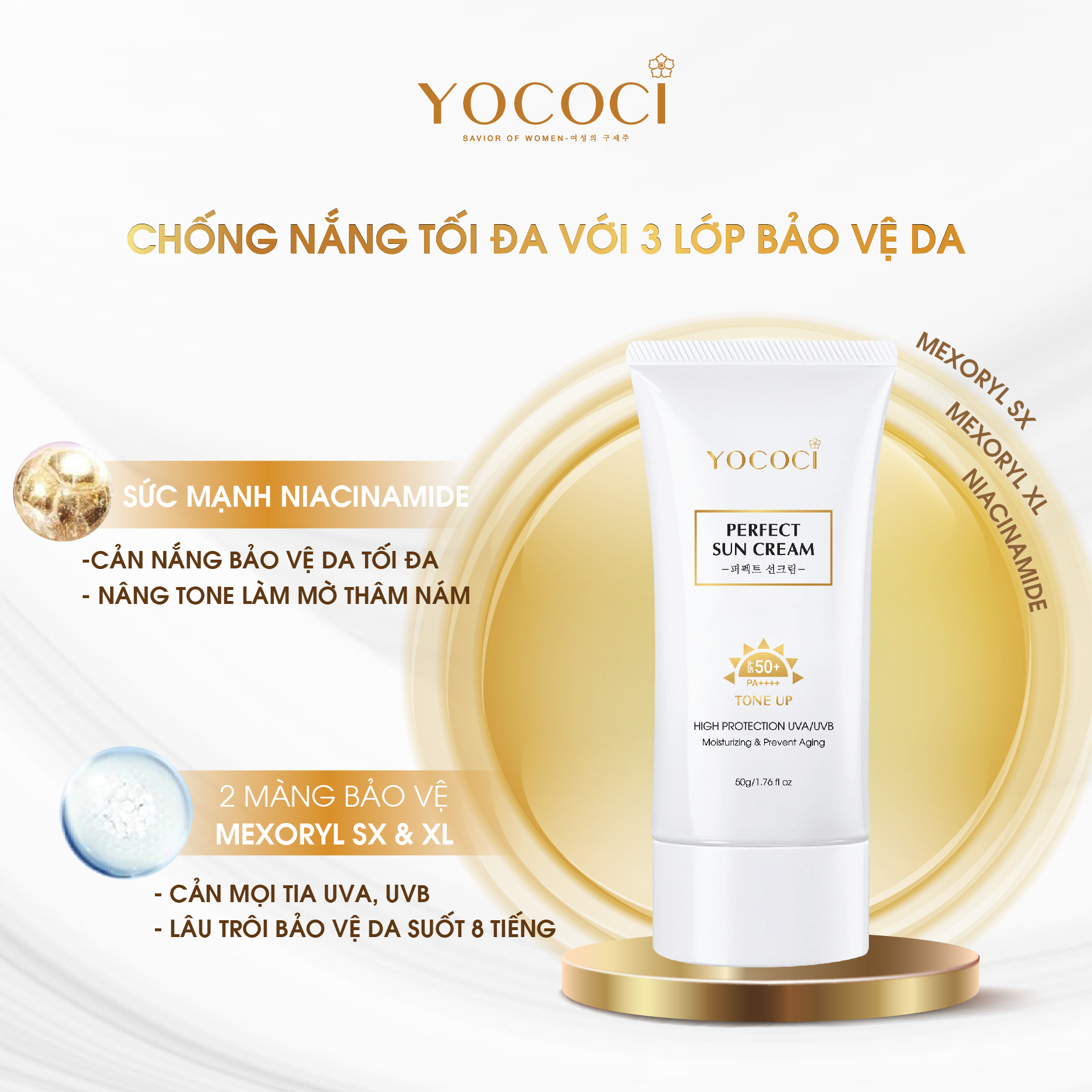 Kem chống nắng Yococi giúp ngăn tia UVA/UVB, nâng tone lâu trôi Perfect Sun Cream SPF50+ PA++++ 50g