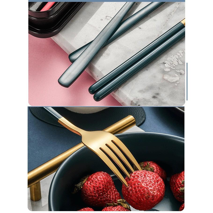 Bộ muỗng và đũa bằng INOX 304 cao cấp, dụng cụ du lịch, cơm trưa văn phòng kèm hộp tiện dụng
