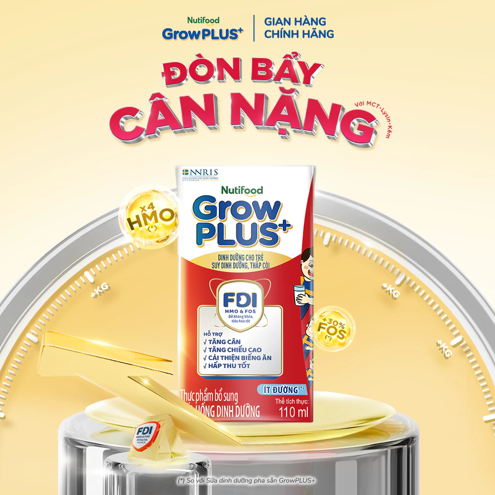 Thùng SBPS Nutifood GrowPLUS+ ít đường Suy Dinh Dưỡng - Tăng Cân, Tăng Chiều Cao (48 Hộp x 110ml)