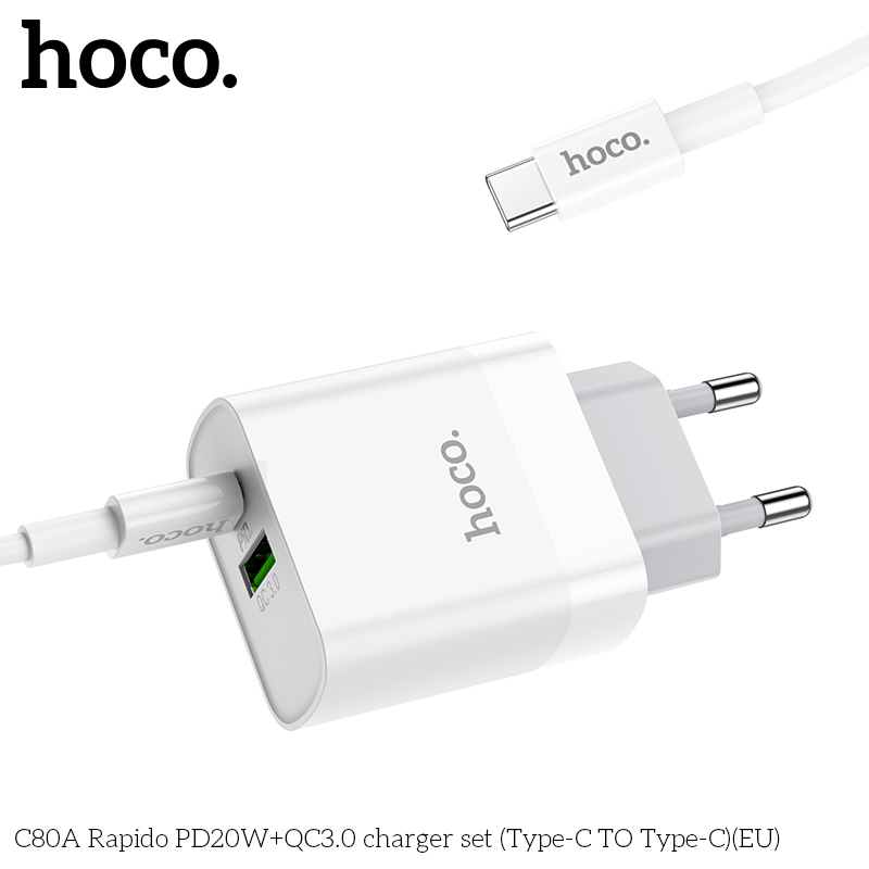 Bộ Củ Sạc Hoco C80A Kèm Cáp Sạc type C to type-c sạc nhanh PD20W QC3.0 cho điện thoại Ipad samsung -hàng chính hãng