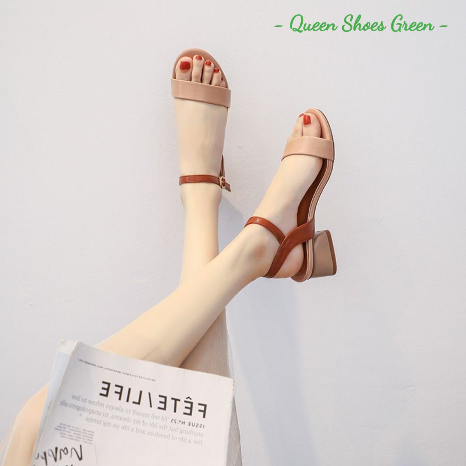 Dép cao gót nữ đế vuông 4 phân giả gỗ, guốc sandal cao gót mũi vuông, lót da êm ái kiểu dáng thời trang size 35 đến 39