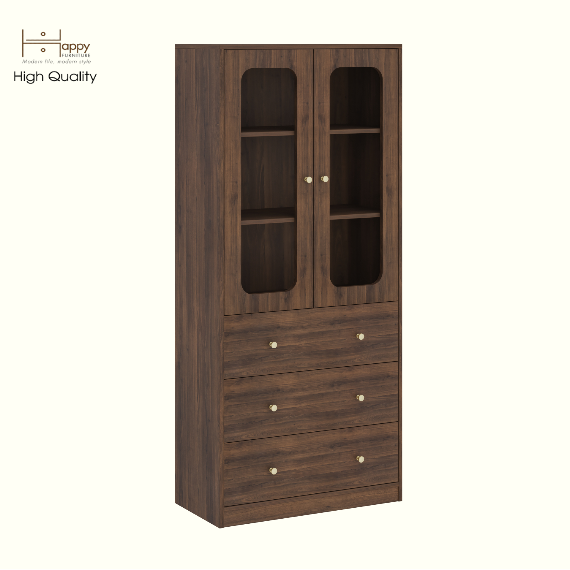 HAPPY FURNITURE , Tủ lưu trữ 2 cửa kính 3 ngăn kéo - NOAH , TCM_270 , 80cm x 40cm x 180cm DxRxC