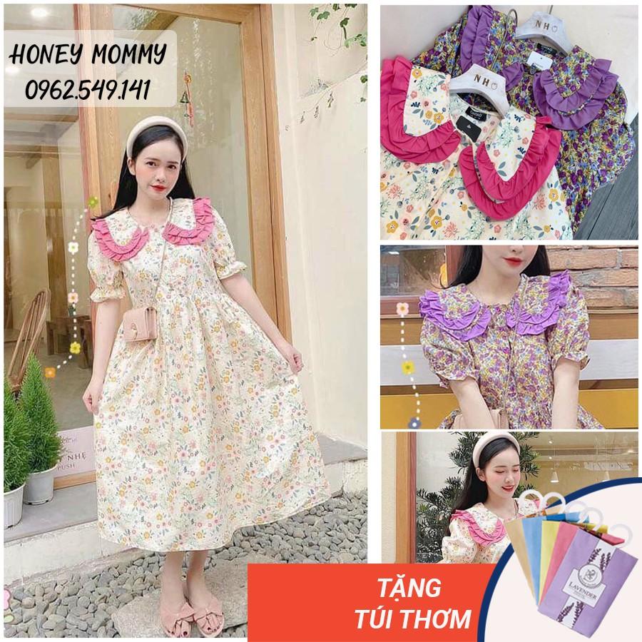 Váy Bầu Babydoll Hoa Nhí Cổ Bèo HD2829 Honey Mommy Đầm Bầu Hoa Ngắn Tay Mùa Hè Đi Chơi Công Sở Cổ Tròn