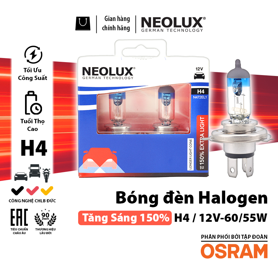 Combo 2 Bóng Đèn Halogen Tăng Sáng 150% OSRAM NEOLUX Dùng Cho Xe Ô Tô Xe Máy Chân H4 H7 - Nhập Khẩu Chính Hãng