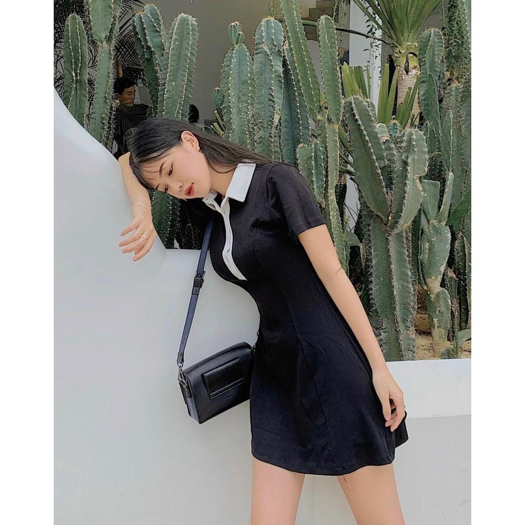 Đầm thun đen cổ bẻ trắng chất liệu thun cotton co giãn