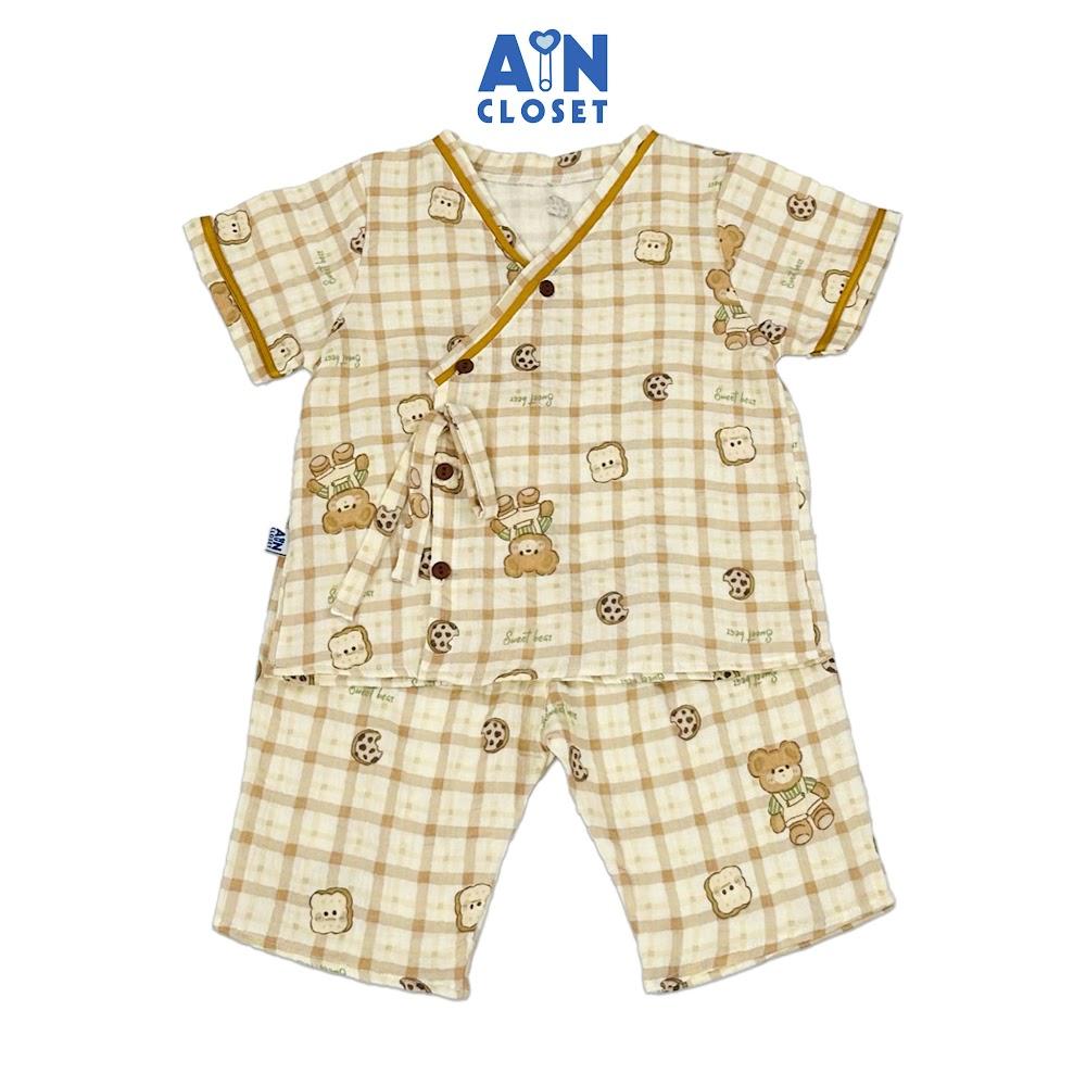 Bộ quần áo Lửng unisex cho bé họa tiết Gấu Teddy Nâu xô muslin - AICDBTT4ODBY - AIN Closet