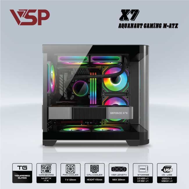 Vỏ máy tính Case VSP AQUANAUT PRO M-ATX Gaming X7 [ĐEN] (M-ATX/ ITX) - Hàng chính hãng VSP phân phối