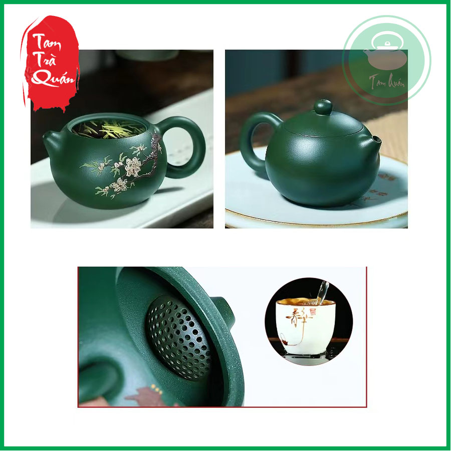 Ấm tử sa tây thi lục nê điêu khắc hoa đào 200ml
