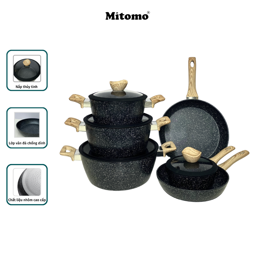 Bộ nồi chảo vân đá 6 món chống dính cao cấp Mitomo Queen Time, dùng cho bếp từ, bếp ga - Hàng chính hãng