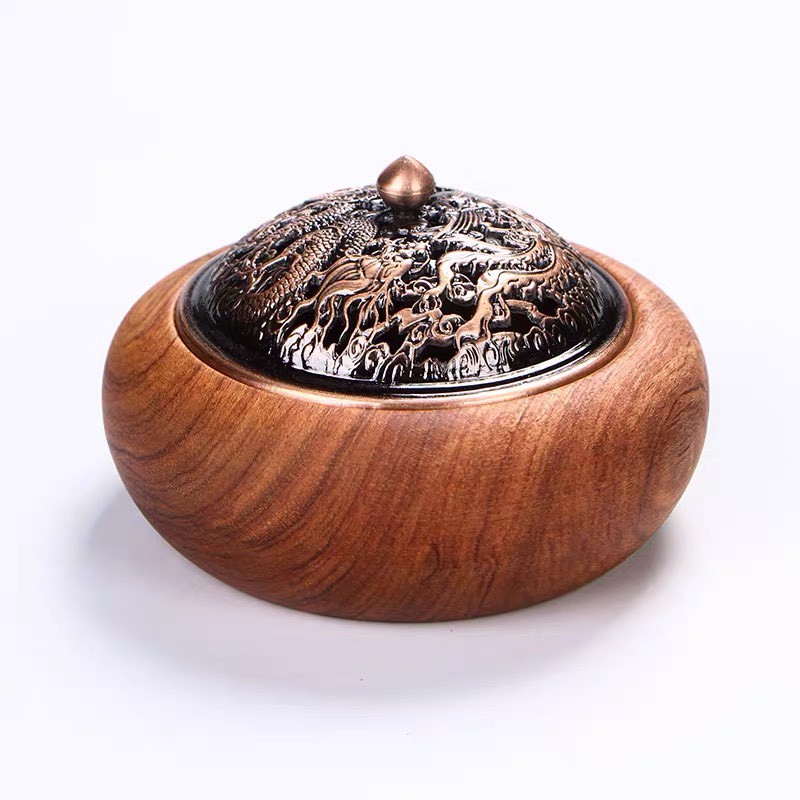 Lư đốt trầm hương hình tròn 11x7cm nhang nụ, nhang vòng bằng gỗ mun, gỗ gụ chống cháy - LDT03.