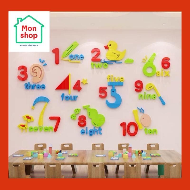 Decal dán tường mica 3D bảng số sắc màu cho bé học số, học tiếng anh, trang trí lớp học tiếng anh