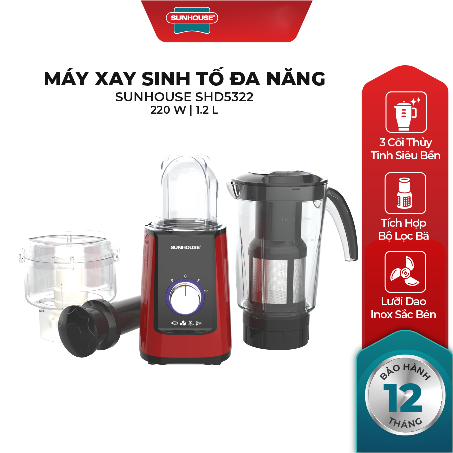 Máy Xay Sinh Tố Đa Năng Sunhouse SHD5322 (220W - 1.25 Lít) - Đỏ - Hàng Chính Hãng